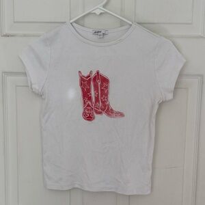 Urban Outfitters White Tee with Red Boots Graphic